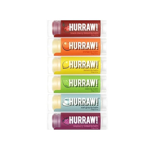Hurraw! Lip Balms Staff Favorites, 6 Balm Bundle Pack: Black Cherry Tinted (Sheer Red Tint), Orange, Lemon, Mint, Earl Grey, Raspberry Tinted (Sheer Berry Tint). Organic, vegan & raw ingredients.-Velvo Beauty