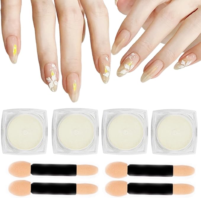 White Pearl Nail Powder, 4Pcs Iridescent Aurora Powder, Mermaid Metallic Mirror Effect Pigment Pearlescent Nail Chrome Powder-Velvo Beauty