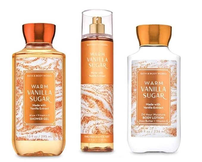 B & Body Works Warm Vanilla Sugar - Full Size Set - Shower Gel, Body Lotion, Fine Fragrance Mist-Velvo Beauty