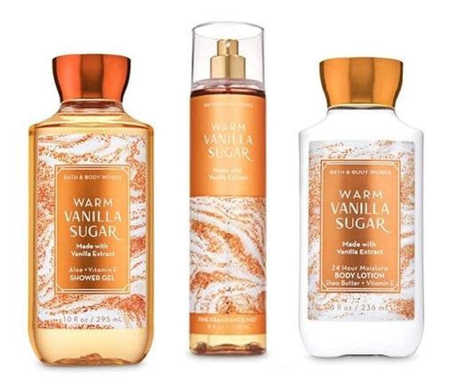 B & Body Works Warm Vanilla Sugar - Full Size Set - Shower Gel, Body Lotion, Fine Fragrance Mist-Velvo Beauty
