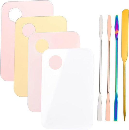 Framendino, 4 Pack Acrylic Cosmetic Makeup Palette Tray with 4 Pack Foundation Spatula Makeup Mixing Palette for Foundation Lipsticks Nail Art Beauty Salon-Velvo Beauty