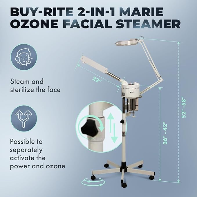 Buy-Rite 2-in-1 Marie Ozone Facial Steamer, 5 Diopter Magnifying Lamp, Fully Adjustable Height, 360' Swivel, Timer and Automatic Shut-Off, Large Star Base with Wheels, MEI-2001A-Velvo Beauty