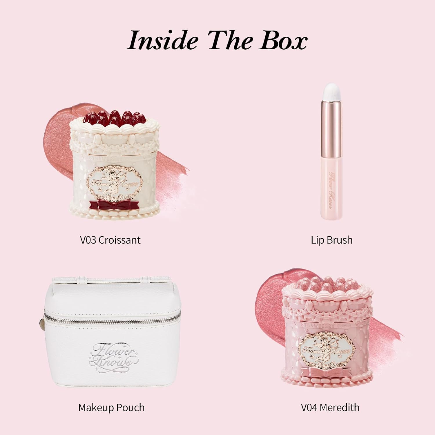 Flower Knows Enchanted Lip Kit,Strawberry Cupid Cake Lip Cream V03+V04 Set with Lip Brush & Leather Bag,4-Piece Makeup Gift Set-Velvo Beauty