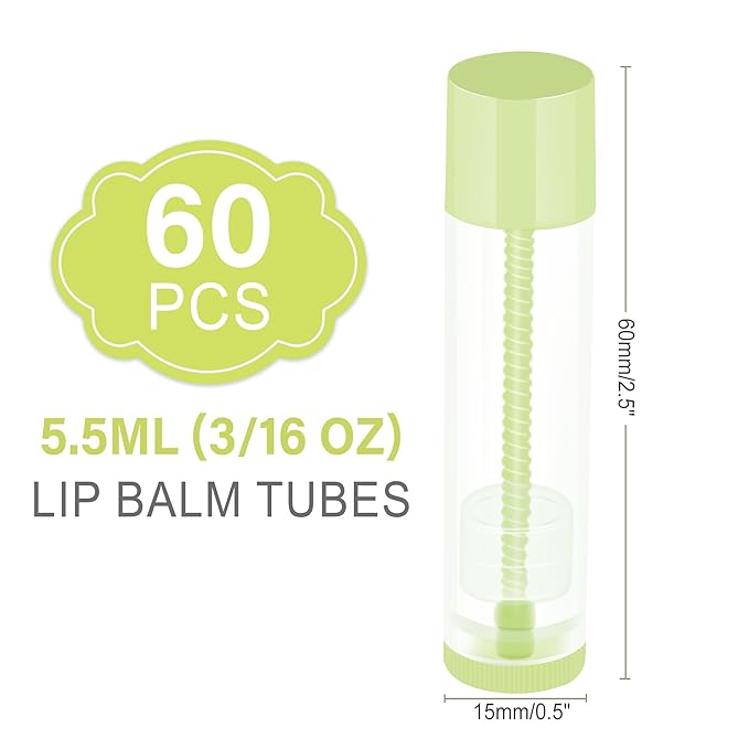LotFancy Lip Balm Tubes Empty, 60PCS 5.5ml (3/16 Oz), Clear Lip Balm Container Tubes with Green Caps, BPA Free & Leak Free, Refillable-Velvo Beauty