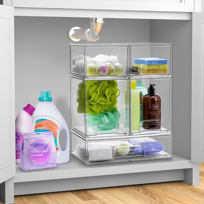Sorbus Acrylic Storage Containers - 2 Pack, Stackable Storage Bins Set for Bathroom Organization - Clear Acrylic Drawer Organizers - Makeup Case Pull-Out Drawers (7.6’’ and 4.4’’ Tall)-Velvo Beauty