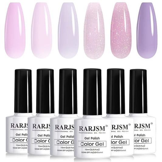 RARJSM Nude Gel Nail Polish Purple Glitter 6pcs Set 7.5ml Jelly Shimmery Sheer Violet Nail Gel Polish Iridescent Sparkly Light Purple Pink Translucent Natural Skin Tone Color Soak off UV LED Cured-Velvo Beauty