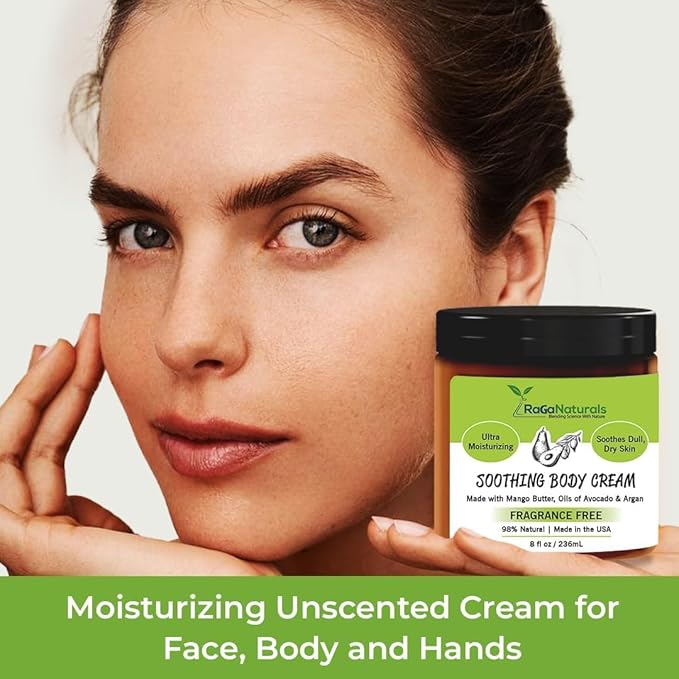 RaGaNaturals Natural Moisturizing Cream - Body & Face Moisturizer for Dry to Very Dry, Sensitive Skin - Unscented Body Cream with Vitamin E & Avocado, Argan Oil - Non-Comedogenic, Fragrance Free -8 Oz-Velvo Beauty