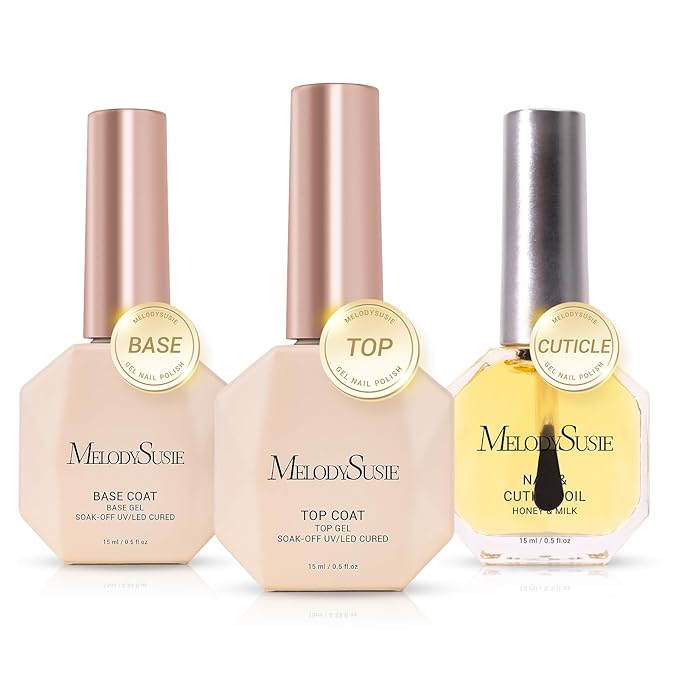 MelodySusie No Wipe Glossy Top Coat Base Coat Cuticle Oil Set Long Lasting Shine Finish Soak Off UV LED Nail Lamp Nail Art Design Manicure Kit Perfect Gifts for Women Girls 3 Pcs 15ml-Velvo Beauty