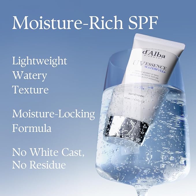 d'alba Piedmont Italian White Truffle Waterfull Essence Sunscreen, Vegan Skincare, Lightweight Sunscreen with BROAD SPECTRUM SPF 50+, Glowy, Safe for all Skin Types, Korean Skin Care (1.69 fl. oz)-Velvo Beauty