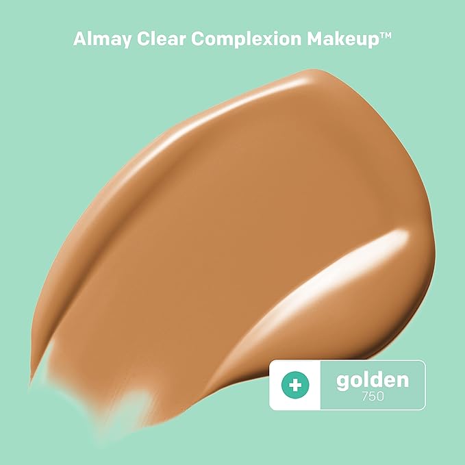 Almay Clear Complexion Acne Foundation Makeup with Salicylic Acid - Lightweight, Medium Coverage, Hypoallergenic, Fragrance-Free, for Sensitive Skin, 750 Golden, 1 fl oz.-Velvo Beauty