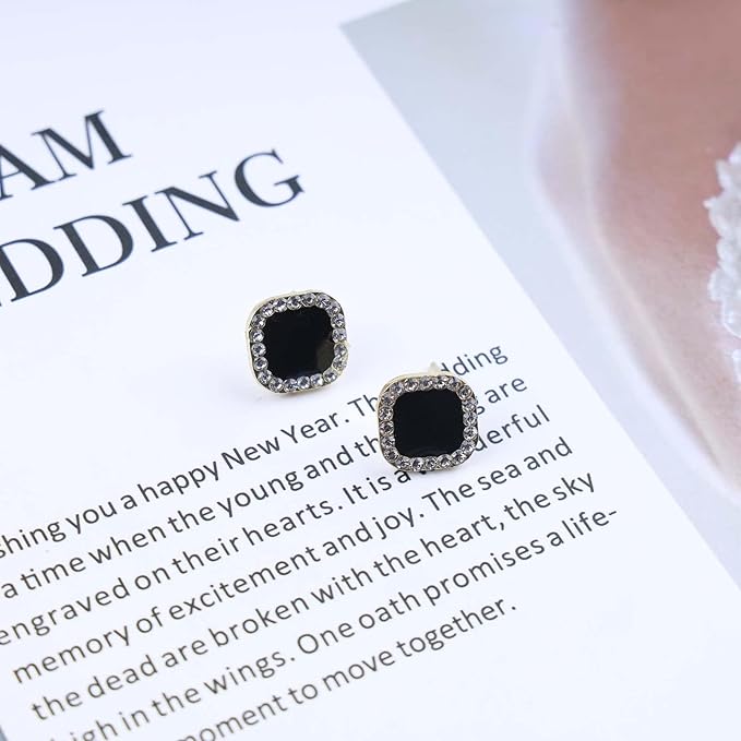Vintage Black Square Crystal Earrings Black Cz Stud Earrings Rhinestone Diamond Earrings Geometric Onyx Earrings Jewelry for Women and Girls-Velvo Beauty