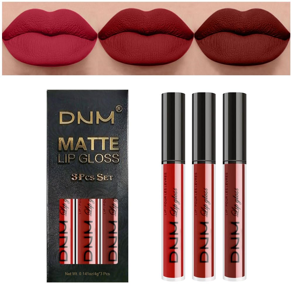evpct 3Pcs Dark Deep Ruby Light Rose red Brown red Matte Liquid Lipstick Sets for Women 24-hour Matte+Lipstick Lipsticks Lip Stain Gloss Long Lasting 24 Smudge Waterproof-Velvo Beauty