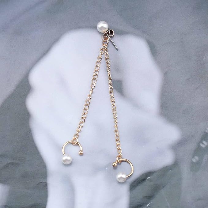 Vintage Pearl Cuff Chain Earrings Gold Chain Ear Cuffs Dangle Chain Cartilage Earrings Pearl Studs Earrings Cartilage Helix Earrings Helix to Lobe chain earrings Jewelry for Women and Girls (Gold A)-Velvo Beauty