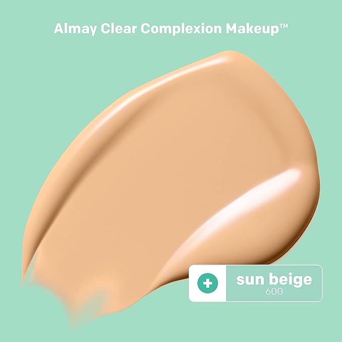 Almay Clear Complexion Acne Foundation Makeup with Salicylic Acid - Lightweight, Medium Coverage, Hypoallergenic, Fragrance-Free, for Sensitive Skin, 600 Sun Beige, 1 fl oz.-Velvo Beauty