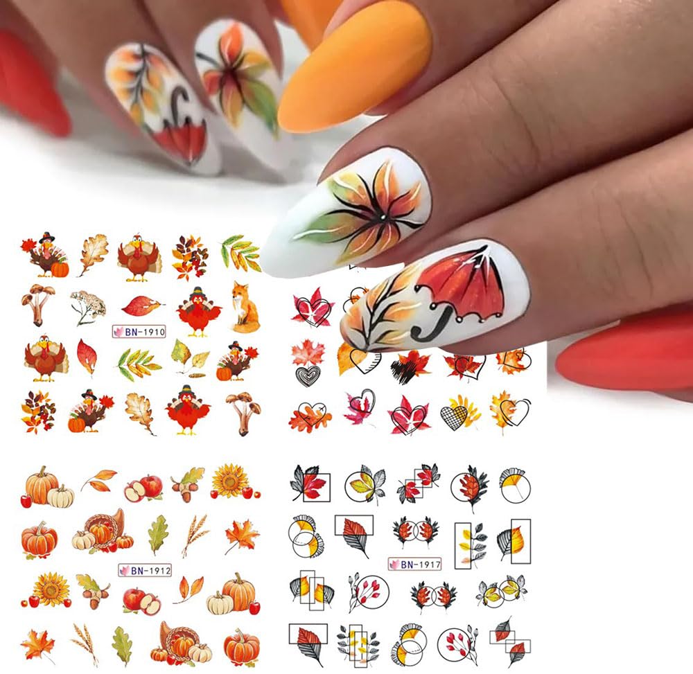 Fall Maple Leaf Nail Art Stickers Autumn Nail Art Water Decals Transfer Nail Supplies Maple Leaves Turkey Pumpkin Design Slider Sticker for Women Acrylic Nail Fall Thanksgiving Nail Decorations 12 PCS-Velvo Beauty