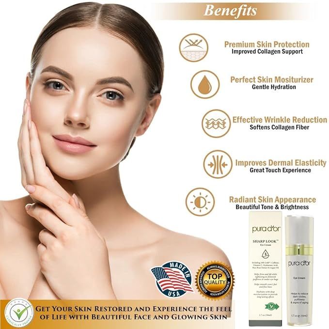 PURA D'OR Sharp Look Eye Cream (1.7oz) Youth-Enhancing Eye Cream For Firm Lift and Reduced Appearance of Wrinkles and Fine Lines, Puffiness and Under Eye Bags With 24K Gold-Velvo Beauty