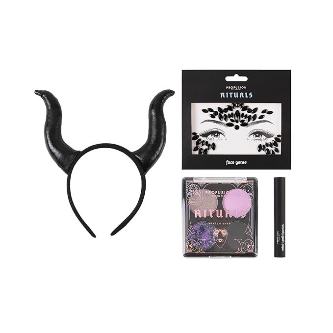 Profusion Cosmetics Rituals 4 PC Look Kit Includes Face Gems, Shadow and Glitter Quad, and Eyeshadow Brush, Along With Somber Matte Black Liquid Lipstick, Magical Beauty for Fairy Witches-Velvo Beauty