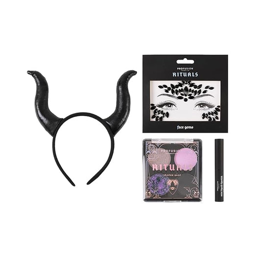 Profusion Cosmetics Rituals 4 PC Look Kit Includes Face Gems, Shadow and Glitter Quad, and Eyeshadow Brush, Along With Somber Matte Black Liquid Lipstick, Magical Beauty for Fairy Witches-Velvo Beauty