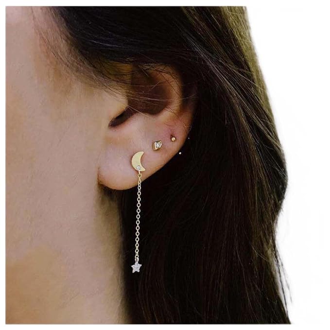 Bohemia Moon Star Dangle Earrings Gold Cz Moon Drop Chain Earrings Crystal Star Earrings Star Chain Earrings for Women and Girls-Velvo Beauty