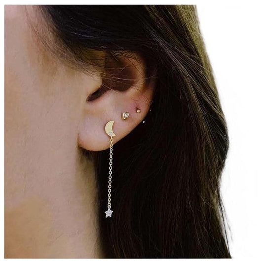 Bohemia Moon Star Dangle Earrings Gold Cz Moon Drop Chain Earrings Crystal Star Earrings Star Chain Earrings for Women and Girls-Velvo Beauty