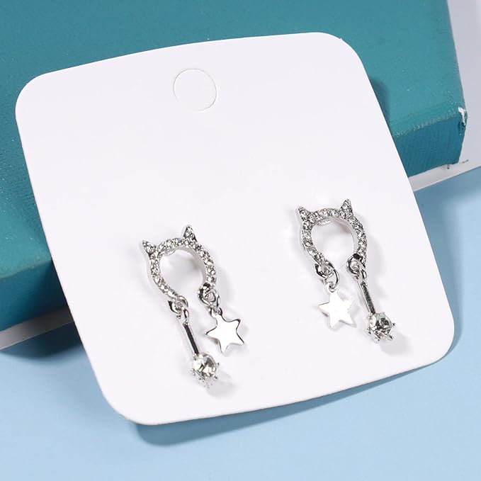 Crystal Cat Studs Earrings Silver Crystal Star Dangle Earrings Boho Rhinestone Drop Earrings Natural Inspired Animal Earrings Jewelry for Women and Girls Cat Lover Gifts-Velvo Beauty