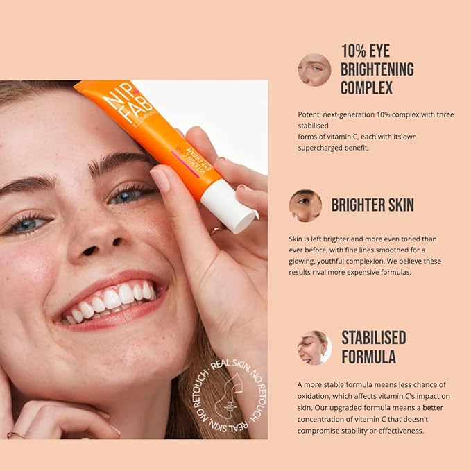 Nip+Fab Vitamin C Fix Eye Cream 10% 0.5 fl oz | with Peptides, Caffeine and Niacinamide for Smoother, Brighter Under Eye Skin | 3 Forms of Vitamin C-Velvo Beauty