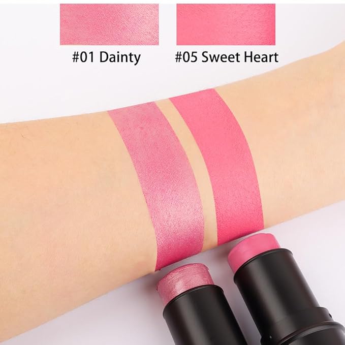 evpct 2Pcs Shimmer Pink Rose Cream Blush Stick for Cheeks Lips Tint Eyes Contour Highlighter Makeup Sticks Lightweight Hydrating formula rubor en crema para los cachetes 01 Dainty & 05 Sweet Heart-Velvo Beauty