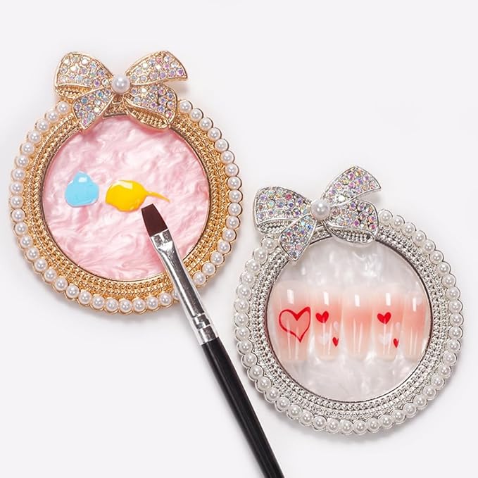 Bow Resin Nail Art Palette, Nail Polish Makeup Mixing Plate, Bow Shaped Pearl Inlaid with Diamonds Nail Display Board Palette (Pink)-Velvo Beauty