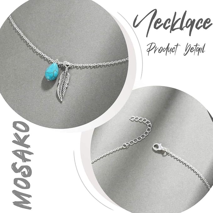 Boho Turquoise Necklaces Silver Feather Pendant Necklace Chain Short Delicate Dainty Necklaces Jewelry for Women-Velvo Beauty