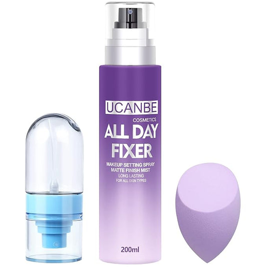 Long Lasting Makeup Setting Spray Kit- 6.76 Fl oz Hydrating Matte Finish Mist Lightweight Face Make up Fixer +Travel Size Spray Bottle+Sponge Puff Makeup Set-Velvo Beauty