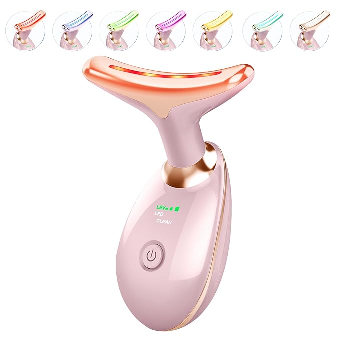 Light Based Face-Neck-Massager - 7 Color Portable Facial Massager for Skin Care, Glossy Pink-Velvo Beauty
