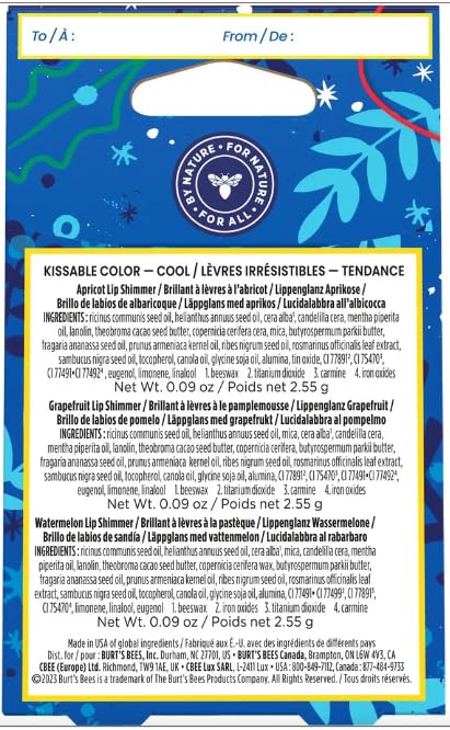 Burts Bees Kissable Colo, Apricot, Grapefruit, Watermelon Lip Shimmer Gift Set of 3 x 0.09 oz (2.55g) - 1 Count-Velvo Beauty
