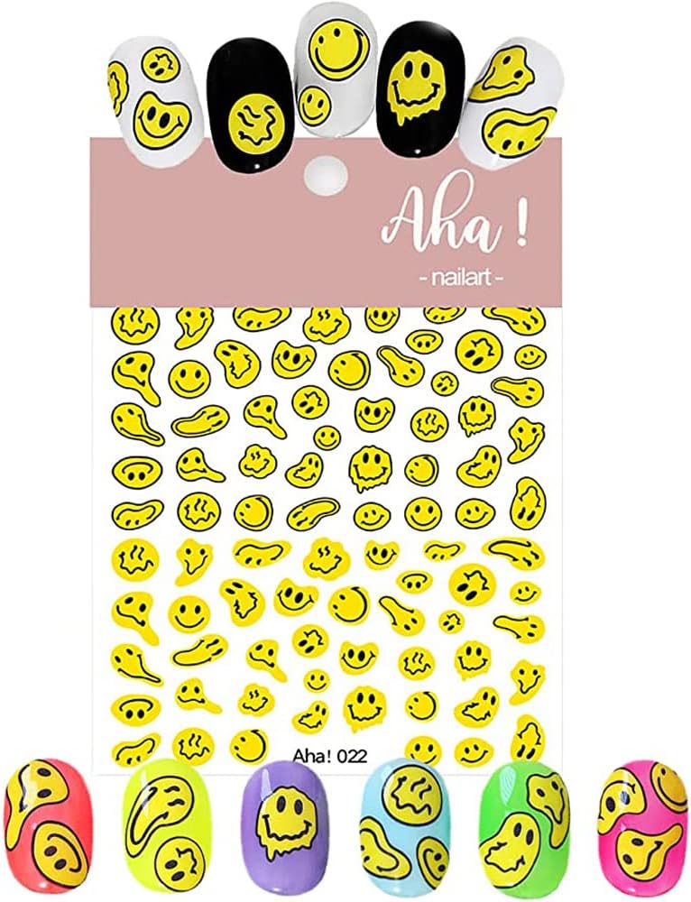 Smiling Face Nail Art Stickers 3D Nail Decals Cute Self-Adhesive Nail Stickers Yellow Black and White Twisted Smiling Face Nail Supplies for Women Girls Kids Nail Decorations-Velvo Beauty