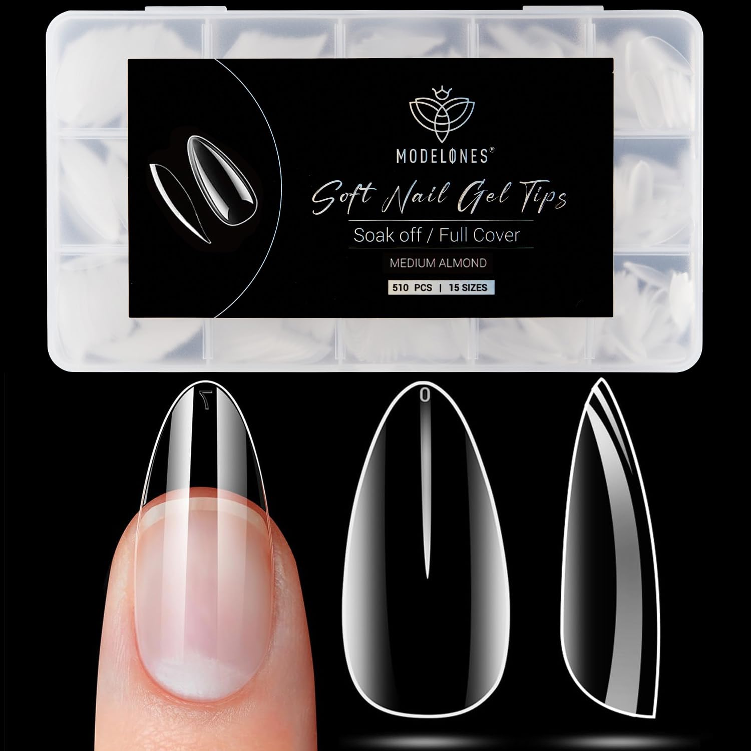 Modelones Medium Almond Nail Tips 510Pcs Clear False Acrylic Almond Press on Nails Pre-shape Full Cover Fake Extension DIY at Home 15 Sizes-Velvo Beauty