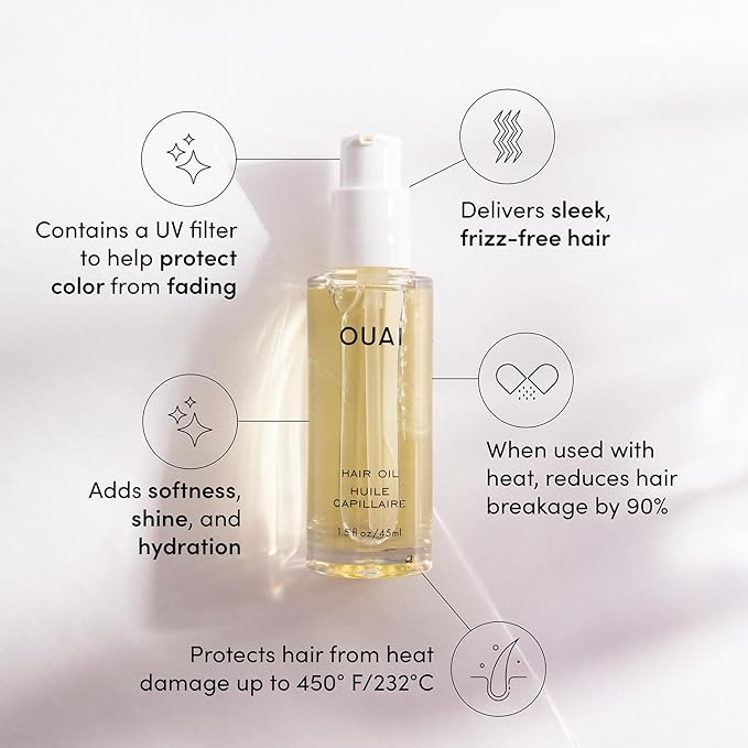 OUAI Hair Oil Travel Size - Hair Heat Protectant Oil for Frizz Control - Adds Shine and Smooths Split Ends - Color Safe Formula - Paraben, Phthalate and Sulfate Free (0.45 oz)-Velvo Beauty