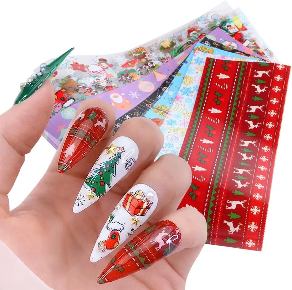 Christmas Nail Stickers Decals Nail Foil Transfer Sticker 10 Sheets Christmas Santa Tree Snowflake Deer Xmas Holiday Decorations Stickers for Manicure Supplies-Velvo Beauty