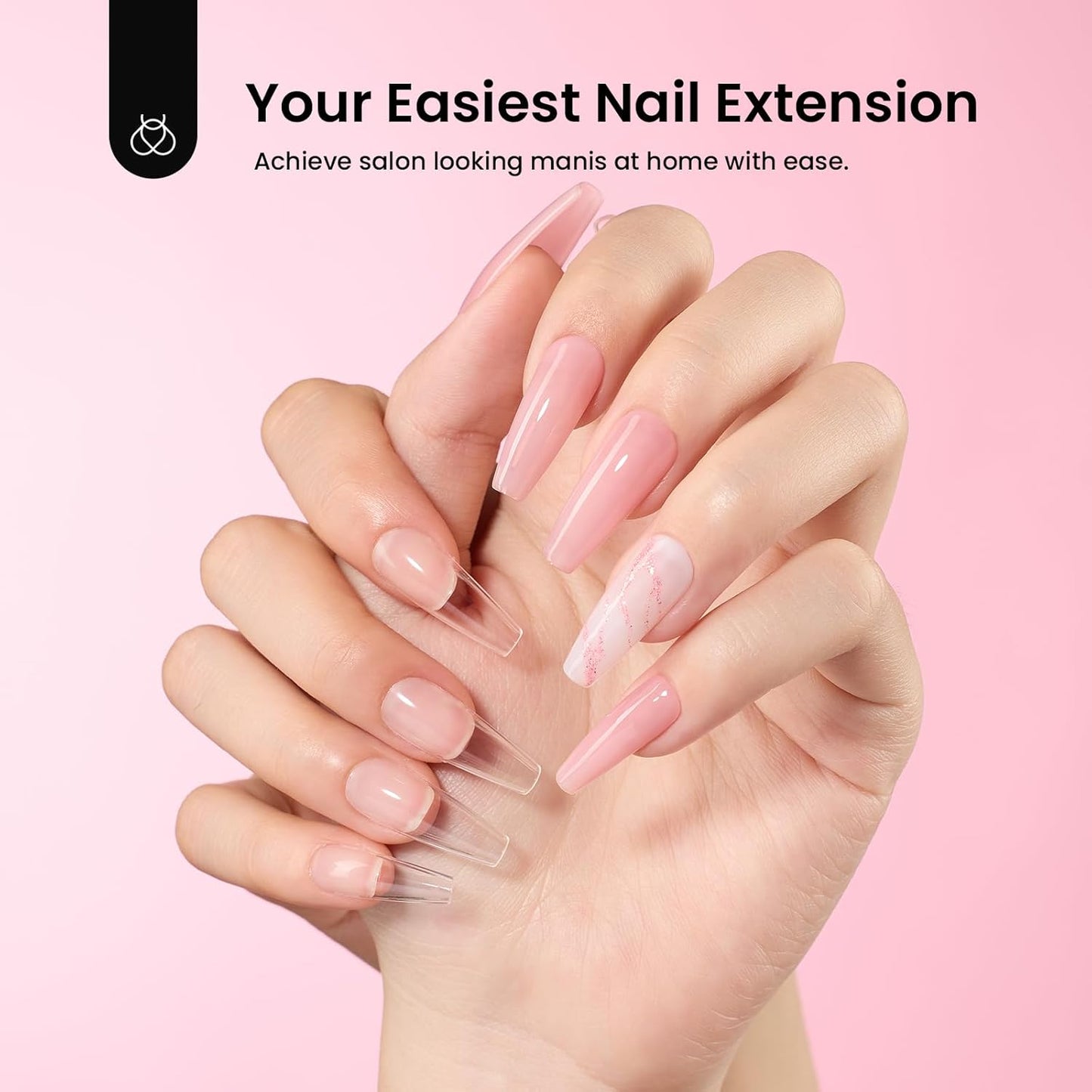 Beetles Gel Nail Kit Long Coffin with Nail Dehydrator and Primer, 576Pcs Half Matte Etch-X Gel Nail Tips Solid Nail Glue Mini Nail Lamp Acrylic Nail Tips Easy DIY Nail Extension Set Gift for Women-Velvo Beauty