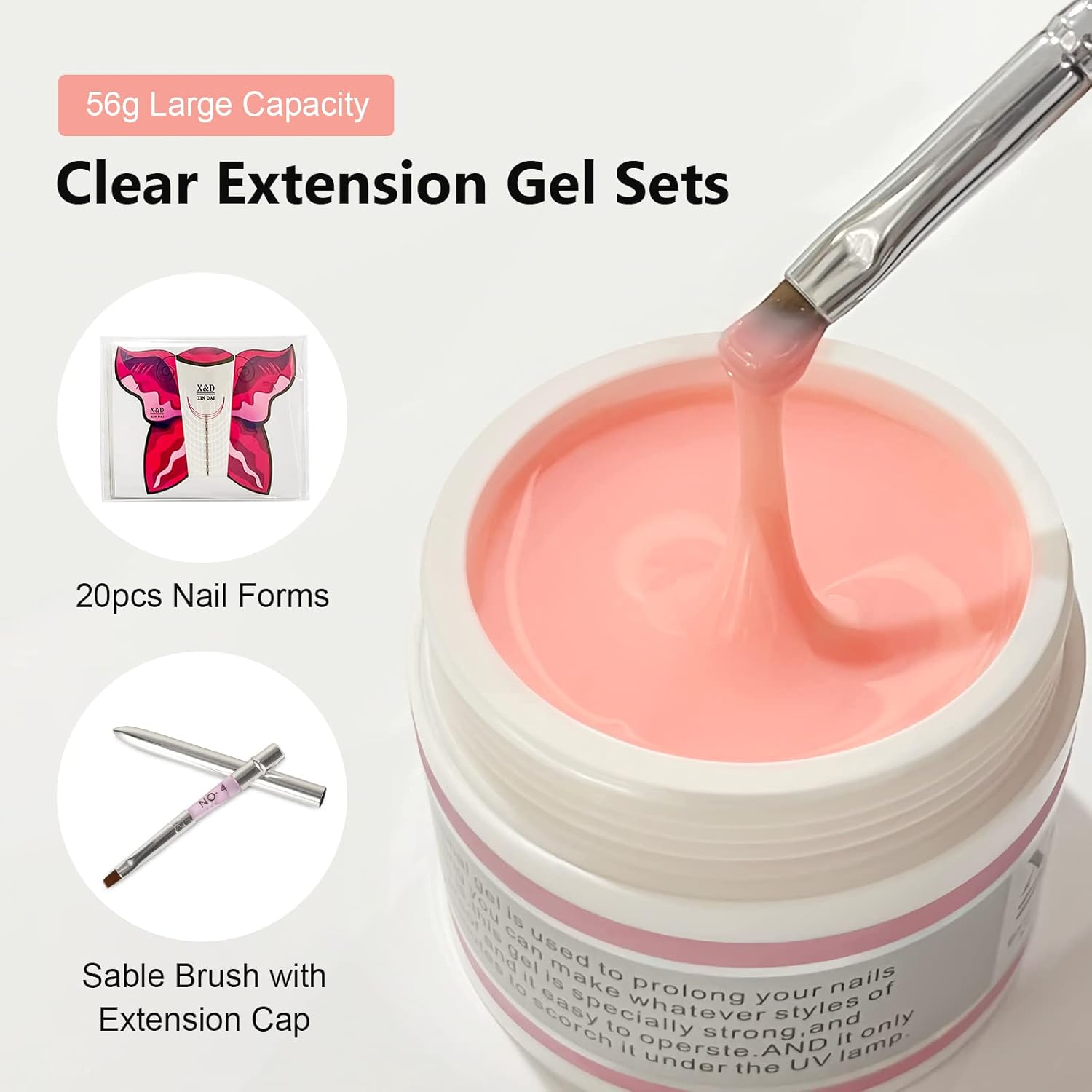 X&D Gel Nail Polish Kit UV Polygel Quick Dry 56g Natural Clear Color Nail Extension with Nail Form, Acrylic Nail Sable Brush with Cap Set(Pink)-Velvo Beauty