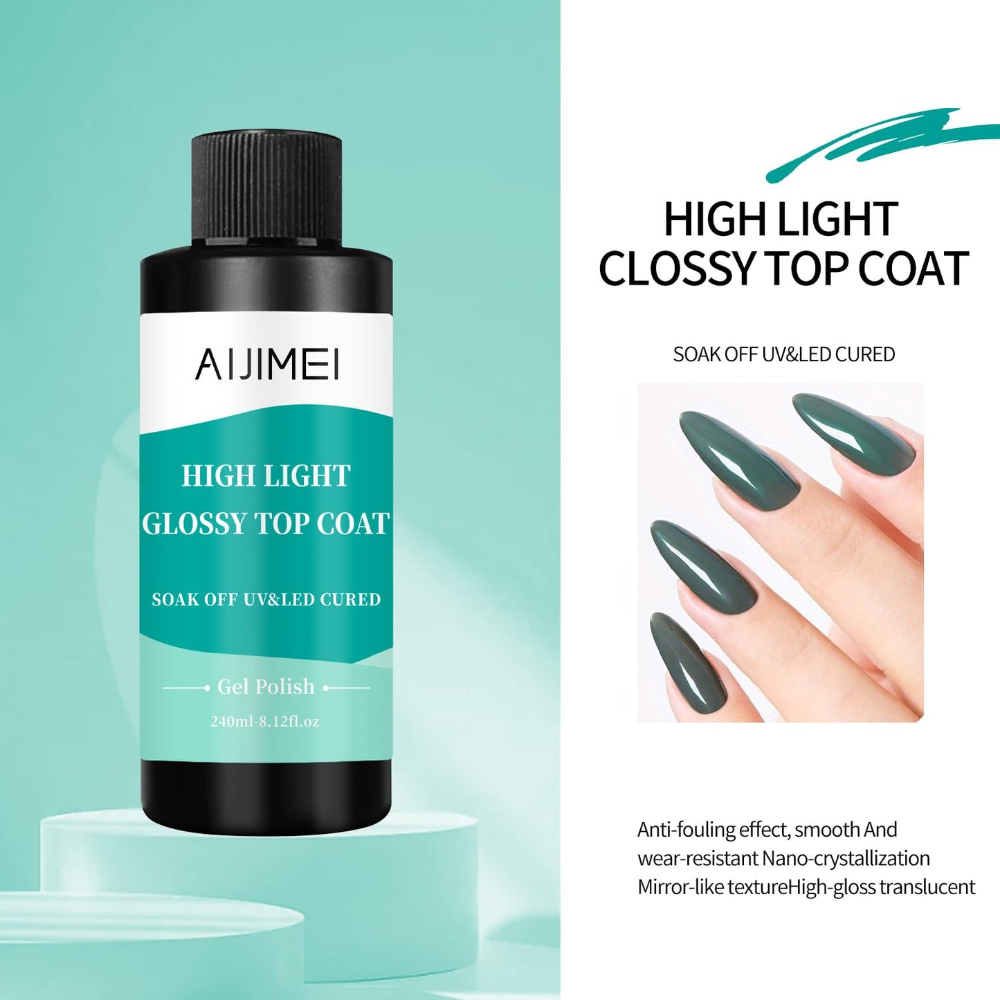 AIJIMEI 240ml High Shine Glossy Top Coat for Nails Long Lasting, Smooth TopCoat, High Light Glossy Top Coat for DIY Nail Art Use Enhance Your Manicure with Brilliant Reflection 8 Fl Oz-Velvo Beauty