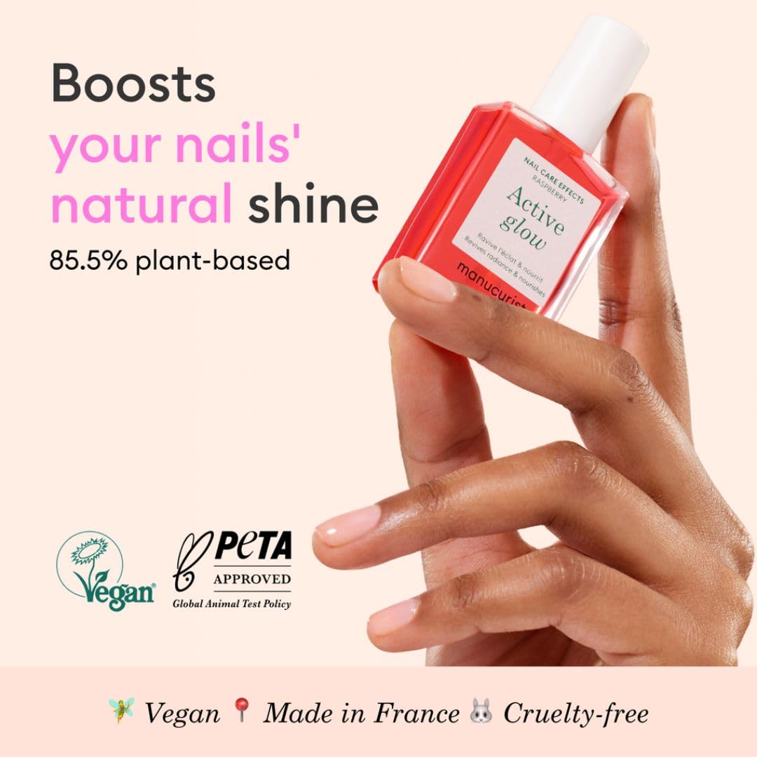 Manucurist Active Glow Raspberry Nail Polish & Care - Ultra-Glowy 2 in 1 Nail Concealer & Care - Plant-Based Ingredients: Sweet Almond Oil, Raspberry for Nourished Nail Rosy Mirror-Like Shine-Velvo Beauty