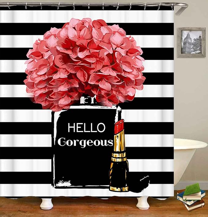 4PCS Hello Gorgeous Shower Curtain Set Watercolor Red Floral Black and White Striped Perfume Lipstick Makeup Vintage Modern Fashion Women Bathroom Decor Non-Slip Bath Mat Toilet Rug, Hydrangea-Velvo Beauty