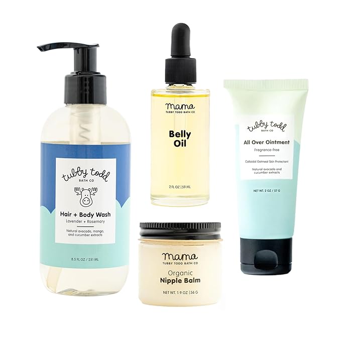 Tubby Todd New Baby & Mom Sensitive Skincare Kit - The Mama + Baby Gift Set - Baby Shampoo and Body Wash, All Over Ointment, Belly Oil & Nipple Balm - Standard Size Lavender Rosemary-Velvo Beauty
