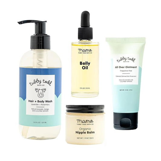 Tubby Todd New Baby & Mom Sensitive Skincare Kit - The Mama + Baby Gift Set - Baby Shampoo and Body Wash, All Over Ointment, Belly Oil & Nipple Balm - Standard Size Lavender Rosemary-Velvo Beauty