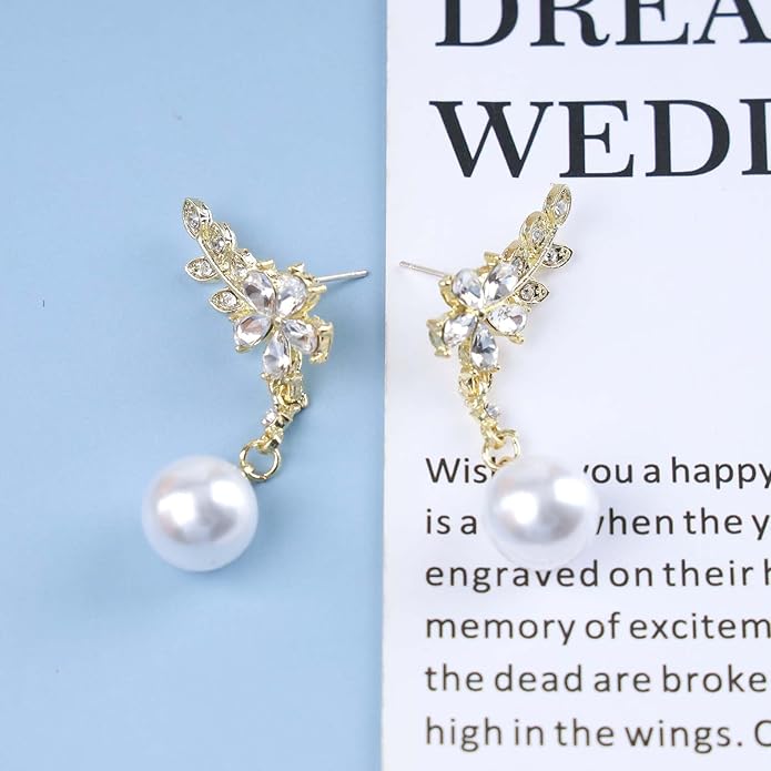 Vintage Crystal Flower Ear Climber Earrings Rhinestone Pearl Dangle Earrings Gold Cz Chain Tassel Earrings Sparkly Pearl Drop Earrings Jewelry for Women-Velvo Beauty