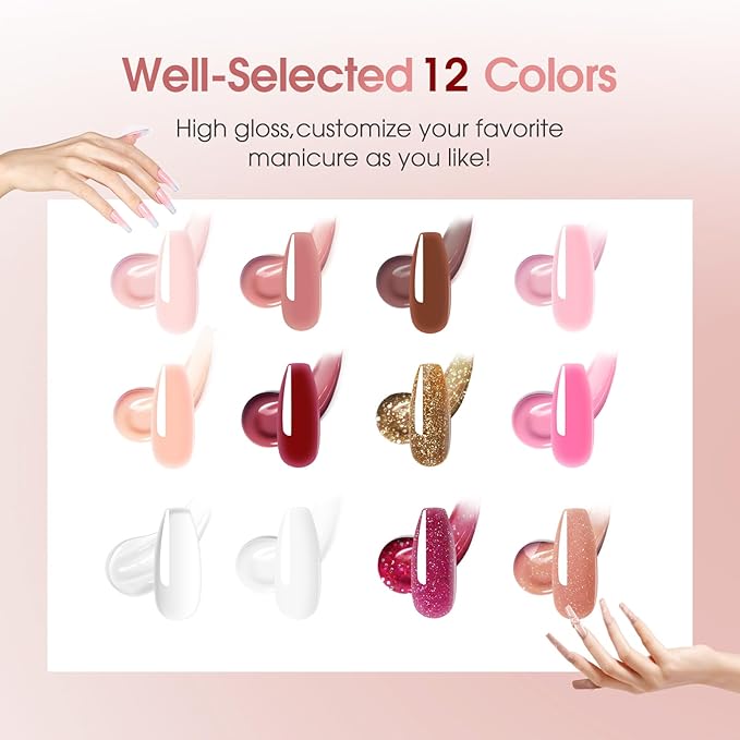 ROSALIND 12PCS Pink Brown Poly Nail Gel Kit with Mini Nail Lamp White Glitter Pink Poly Extension Gel Set-Velvo Beauty