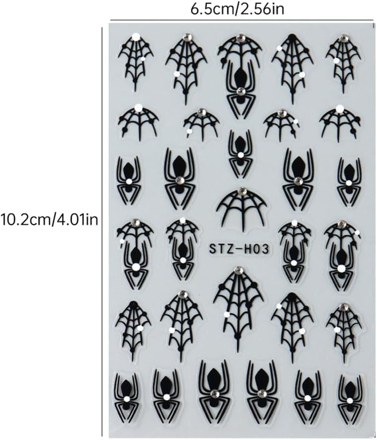 3 Sheets Halloween Nail Art Stickers Black Spider Nail Stickers for Nail Art 3D Self-Adhesive Black Spider Web with Diamond Design Halloween Nail Charms Goth Decorations for Women DIY-Velvo Beauty