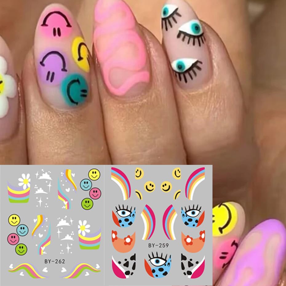 Abstract French Tips Nail Art Stickers Decals Colorful Sun Flower Smiling Nail Foils Sticker Water Transfer Nail Decals Rainbow Design Acrylic Nail Sticker for Nail Art Women Nail Decoration 12Pcs-Velvo Beauty