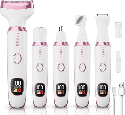 Electric Razor Shavers for Women 5 in 1 Electric Shaver for Women,Cordless Replaceable Facial Eyebrow Razors & Nose Hair Trimmer, Wet Dry Bikini Trimmer Pubic Hair Removal Gifts for Womens 3028A White-Velvo Beauty