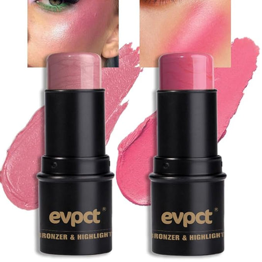 evpct 2Pcs Shimmer Pink Rose Cream Blush Stick for Cheeks Lips Tint Eyes Contour Highlighter Makeup Sticks Lightweight Hydrating formula rubor en crema para los cachetes 01 Dainty & 05 Sweet Heart-Velvo Beauty