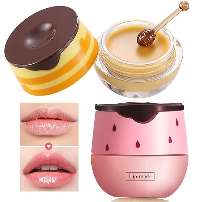 4PCS Bee Lip Balm Lip Mask Honey Pot,Honey & Strawberry Lip Mask Propolis Moisturizing Lip Balm with Stick - Hydrating Prevention Dry & Cracked Lip Scrubs Exfoliato Lip Wrinkle Care(Honey&Strawberry)-Velvo Beauty